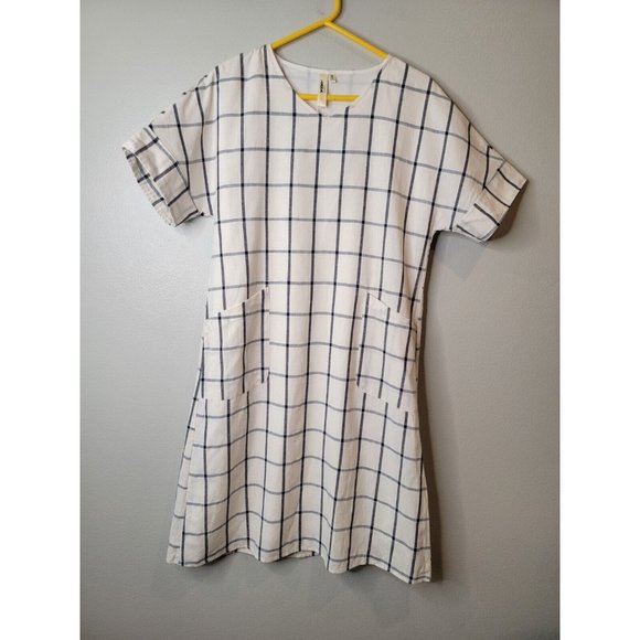 Lara Size Medium Dress White Blue Windowpane Linen Blend Shift NWT - Picture 2 of 5